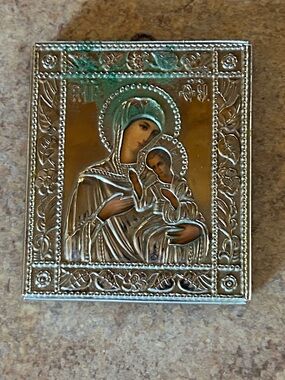 Vintage 3X3 Madonna & Child Devotional Plaque-Marked Made in Spain silver velvet